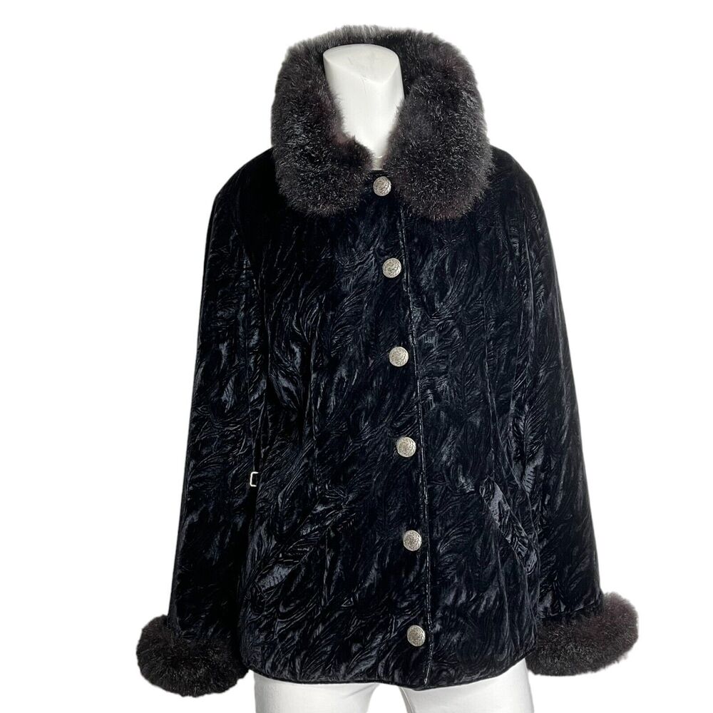 M. Miller Womens Coat Black Crushed Velvet Fur Trim Vintage Size M EUC